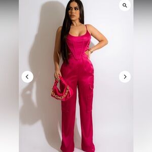 #53- 🔥 Hot Pink Satin Cutout Jumpsuit – Trendy & Bold Statement Piece! 🔥
